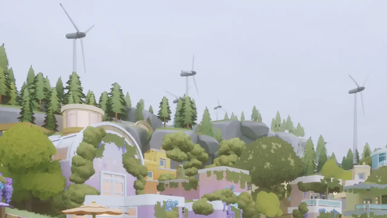 Renewable wind turbines spinning above green floating terraces in Loftia
