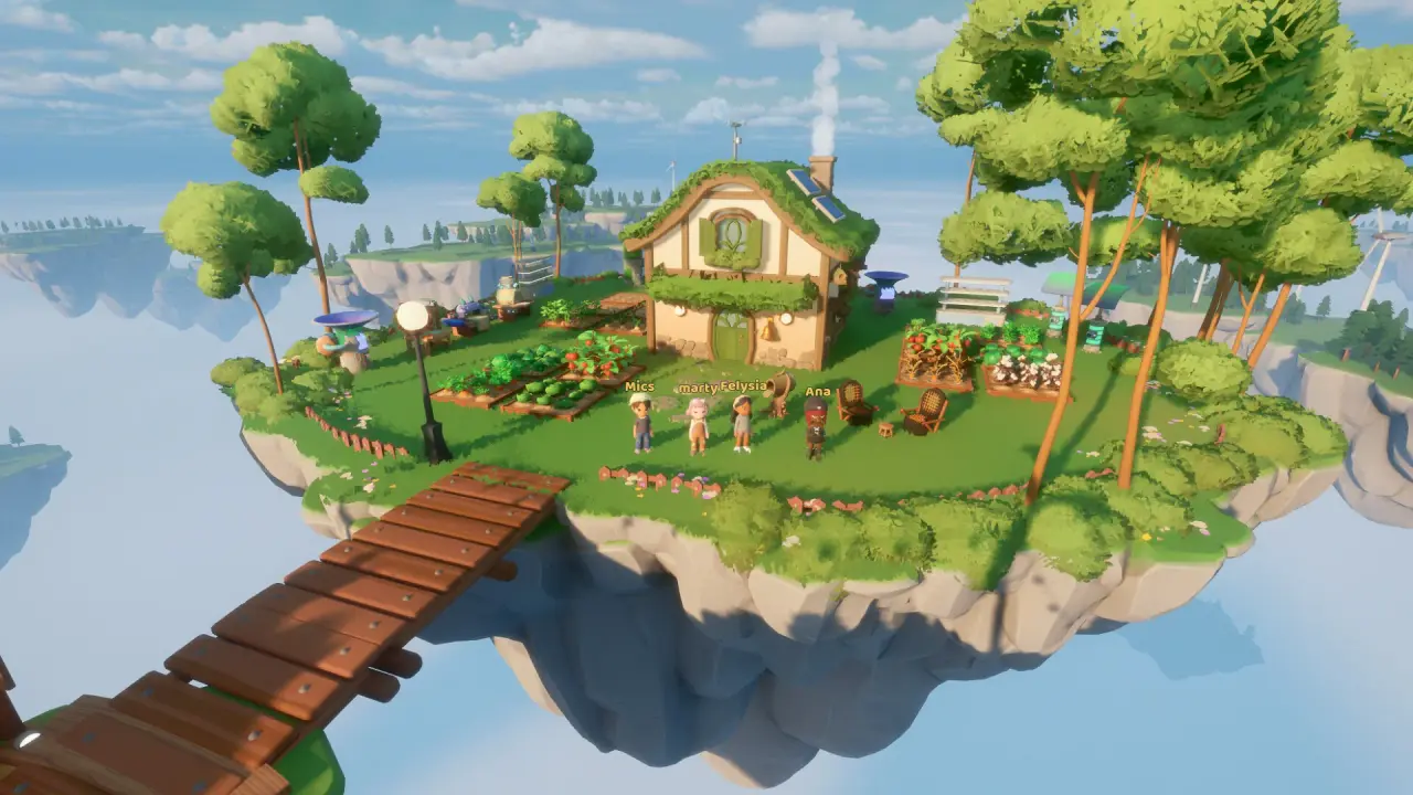 A cozy Loftia floating home and blooming garden connected with wooden bridge