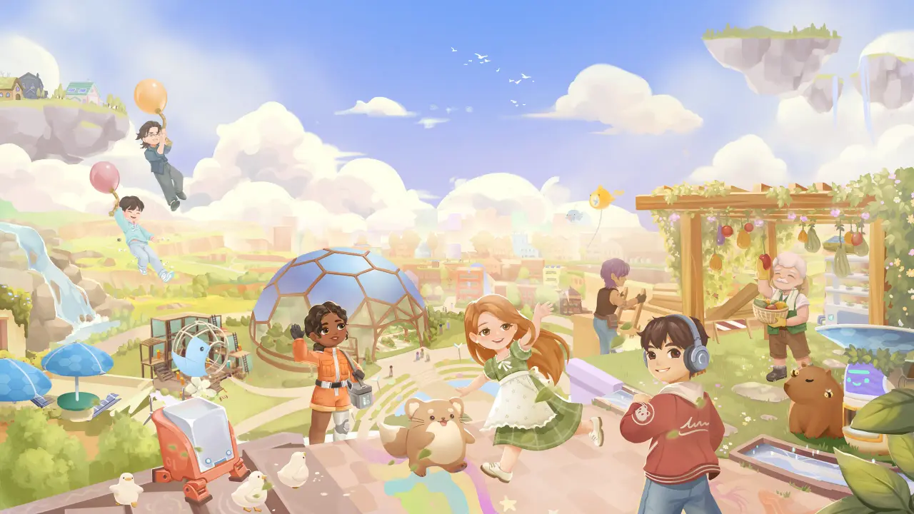 Loftia community celebrating together beside the central glass Dome